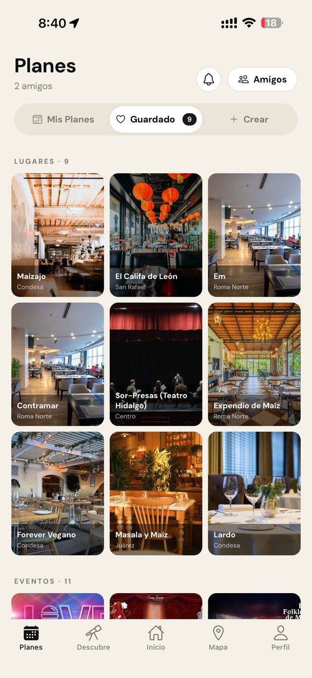 Bucket list de lugares y eventos guardados